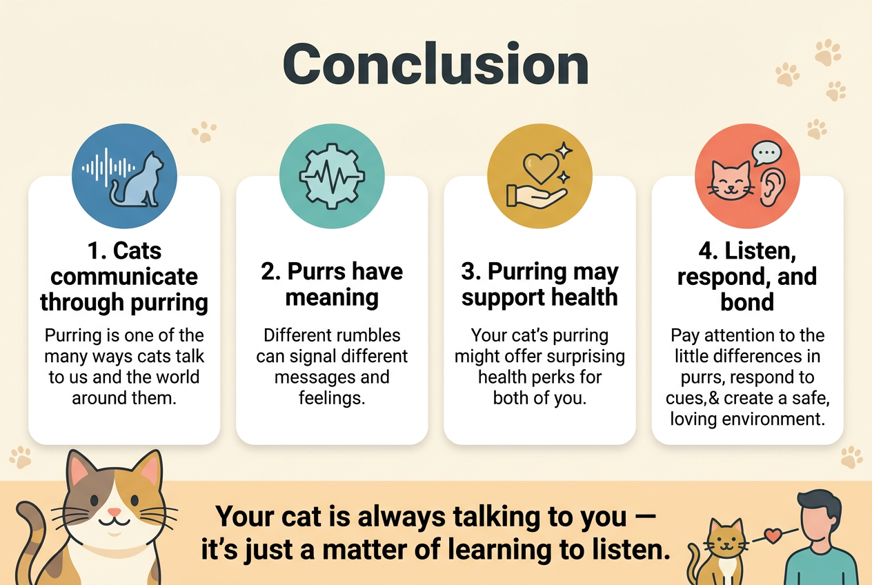 Aspect ratio 3:2, full-bleed clean professional infographic, modern flat vector style, soft warm cat-friendly palette of teal, cream, coral, gold, dark charcoal text, subtle paw-print accents, clear hierarchy, wide horizontal layout with multiple sections, no poster frame, no inset margins.

Top center: large bold heading in dark charcoal text: "Conclusion"

Below the heading, across the page in a 4-section horizontal grid with rounded white cards and colored icon circles:

Section 1 on the left: a blue circular icon with a soundwave and cat silhouette. Bold subheading: "1. Cats communicate through purring" Smaller supporting text: "Purring is one of the many ways cats talk to us and the world around them."

Section 2 left-center: a teal circular icon with a small mechanical/heartbeat-style purr waveform. Bold subheading: "2. Purrs have meaning" Smaller supporting text: "Different rumbles can signal different messages and feelings."

Section 3 right-center: a gold circular icon with a heart, a hand, and a healing sparkle. Bold subheading: "3. Purring may support health" Smaller supporting text: "Your cat's purring might offer surprising health perks for both of you."

Section 4 on the right: a coral circular icon with a cat face, ear, and speech bubble. Bold subheading: "4. Listen, respond, and bond" Smaller supporting text: "Pay attention to the little differences in purrs, respond to cues, and create a safe, loving environment."

Bottom wide banner spanning the full width with a large friendly cat illustration on the left and a bond line graphic connecting cat and human on the right. Centered bold closing statement in dark charcoal text: "Your cat is always talking to you — it's just a matter of learning to listen."

Use clean sans-serif font, bold headings, smaller readable body text, balanced spacing, crisp icons, professional educational infographic layout.
